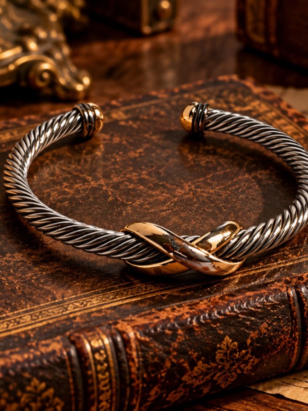 Two-Tone Cable Wire Crossover Knot Open Cuff Bracelet | Silver & Gold Tone